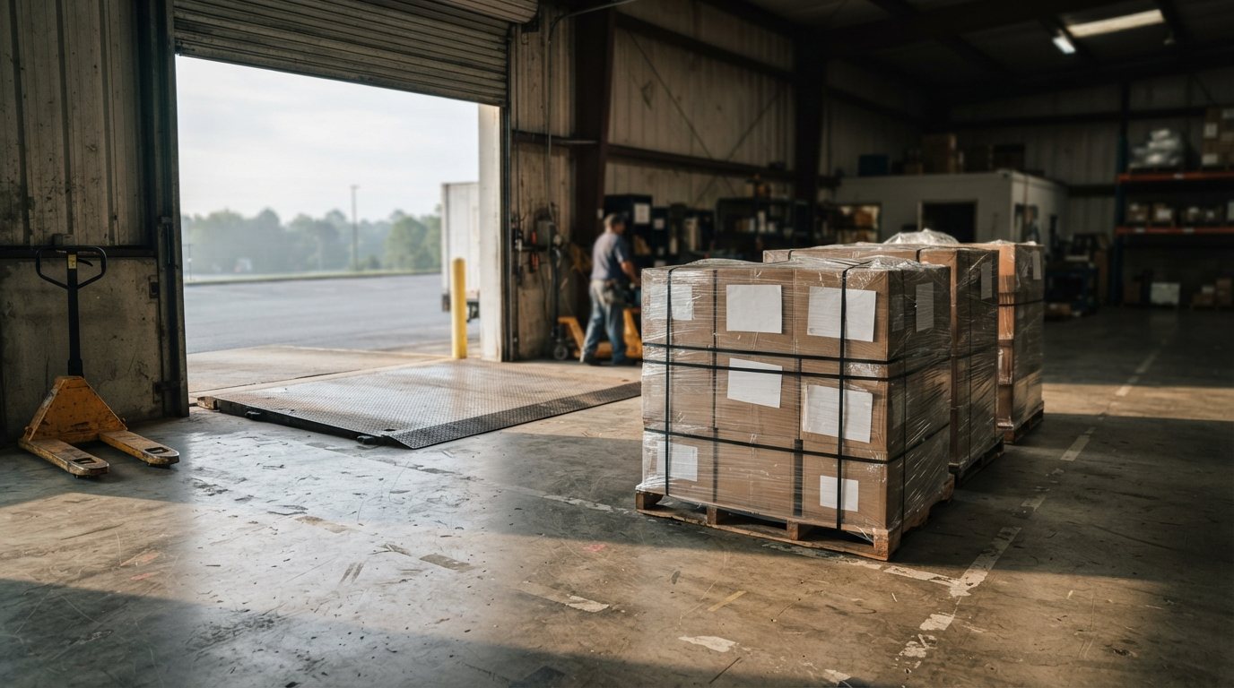 Shrink-wrapped pallets, banded and paper-labeled, staged in a row on a swept concrete loading dock with the roll-up door rolled up to early-morning daylight and the dock plate folded down; long shadows across the concrete, no truck at the door yet